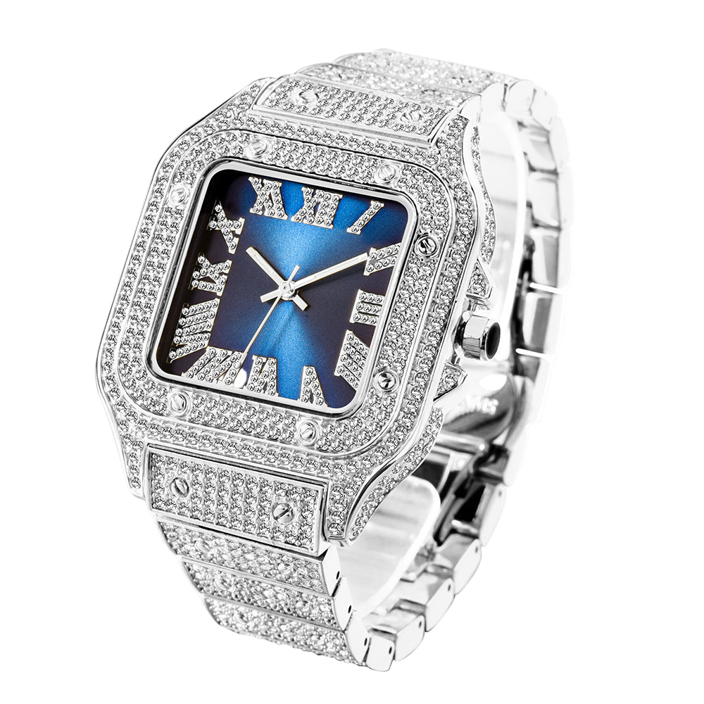 MISSFOX Cross-border European And American Popular Roman Scale High-end Fashionable Hip-hop Diamond-set Square Men's Watch
