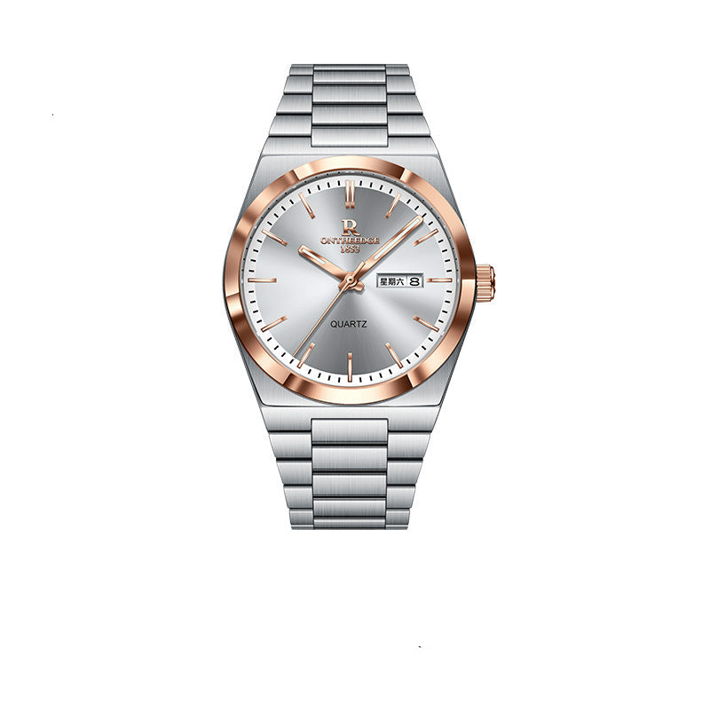 Silver watch with rose gold accents on a white background, featuring the brand 'R ontheedge'.