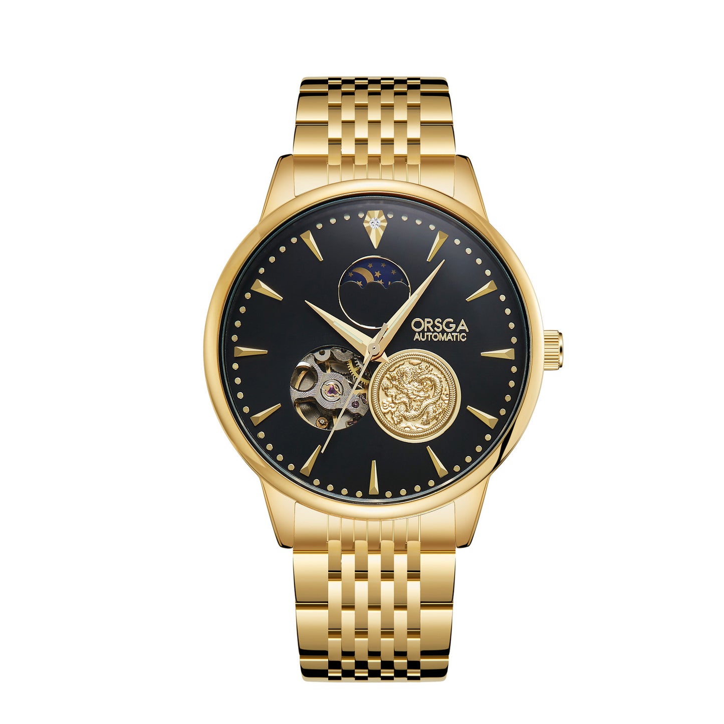 Gold wristwatch with black dial on a white background