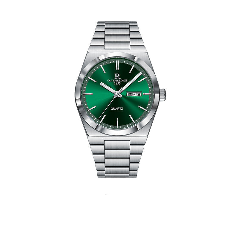 Silver and green watch with brand logo on a white background