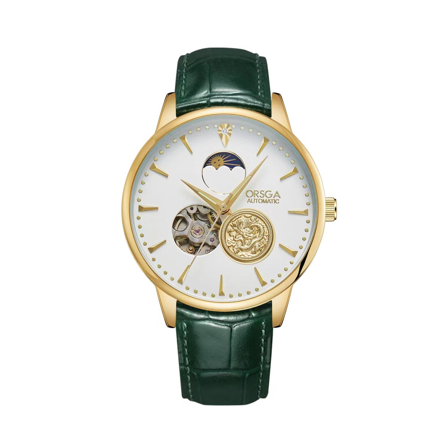 Watch with green leather strap and gold case on white background