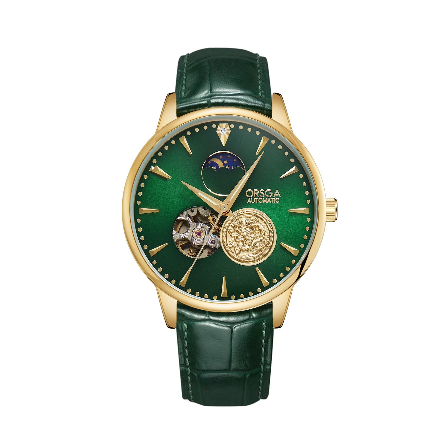 Green watch with gold accents on a white background