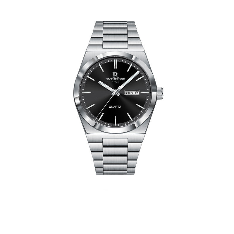 Silver and black watch with brand logo on a white background