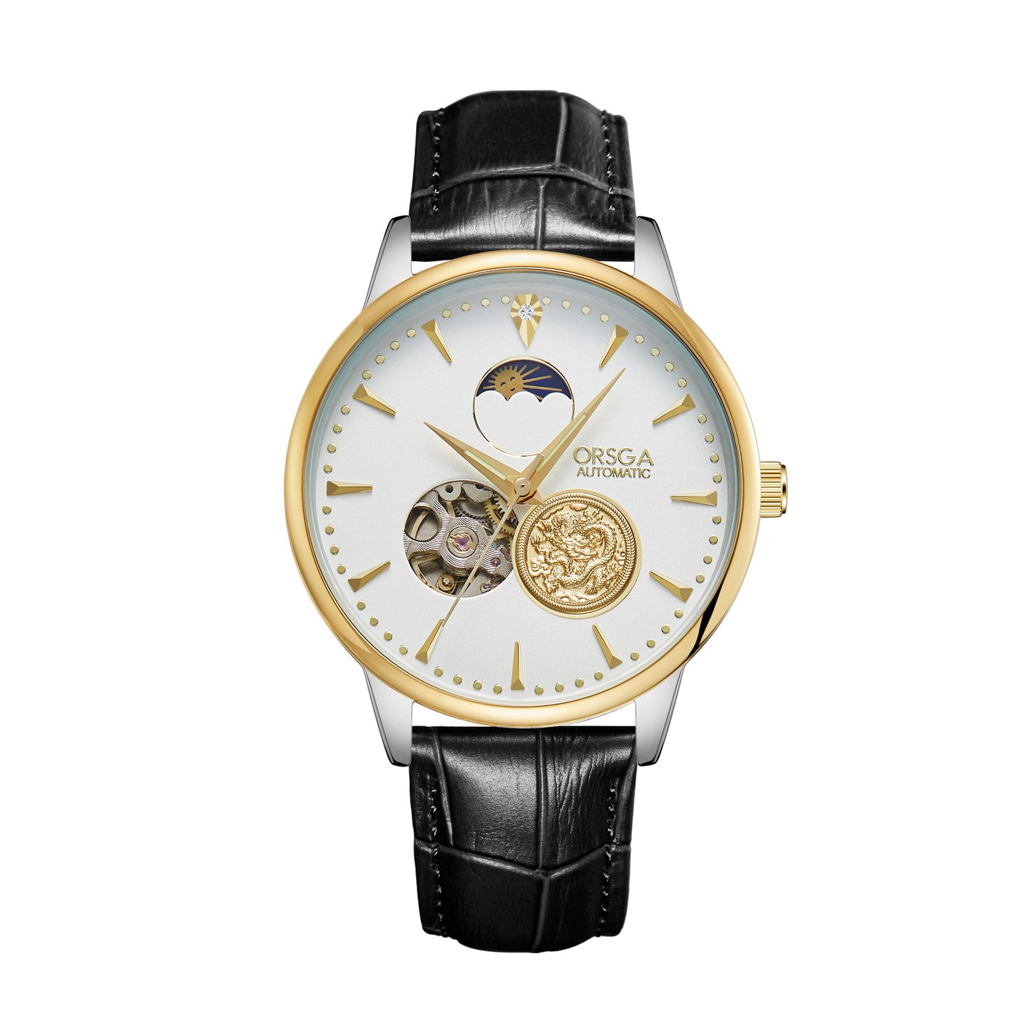 Oris watch with black leather strap and gold and silver dial on white background