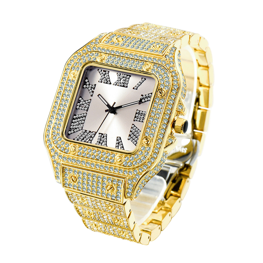 MISSFOX Cross-border European And American Popular Roman Scale High-end Fashionable Hip-hop Diamond-set Square Men's Watch