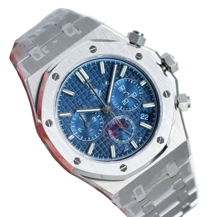 Luxury watch with blue dial and silver case on a white background