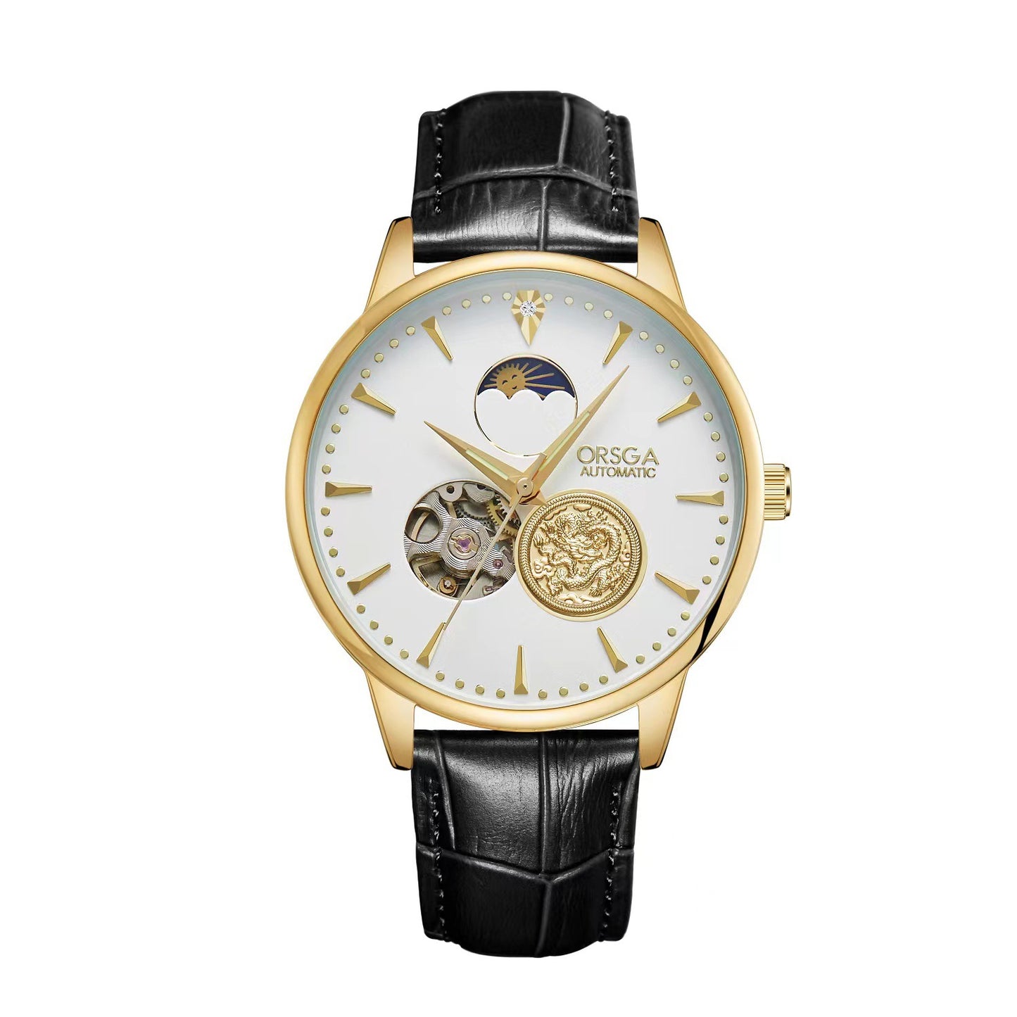 Gold watch with black leather strap on a white background