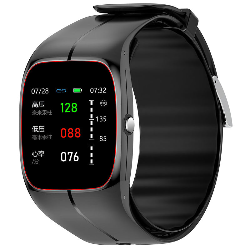 Black smartwatch with digital display on a white background