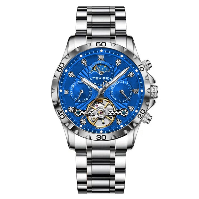 Silver watch with a blue face on a white background