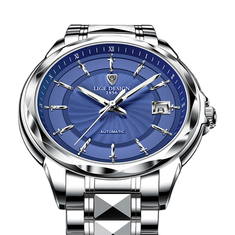 Luxury watch with blue dial and silver case on a dark background