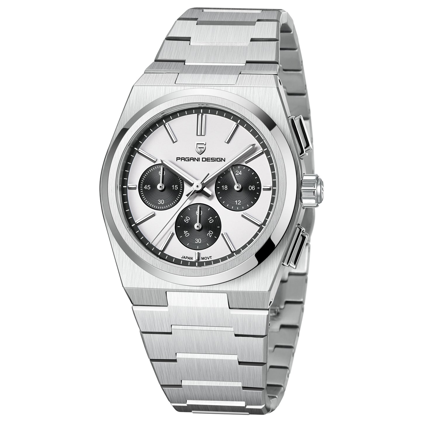Silver watch with a white face on a white background