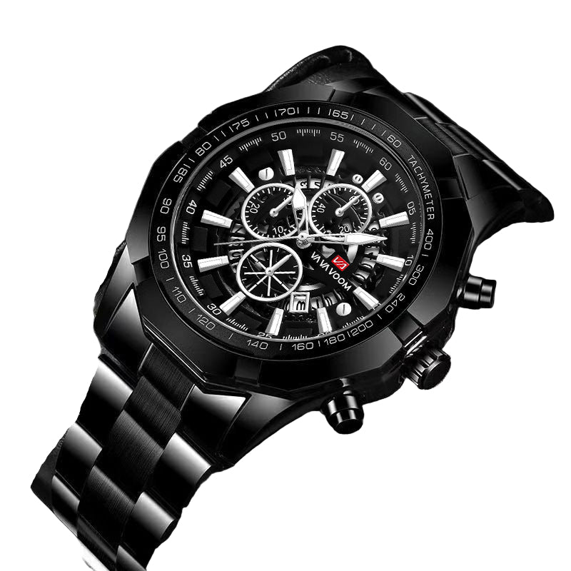 Black wristwatch with detailed face on a dark textured background