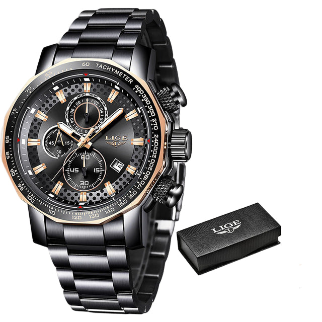 Black and rose gold watch with LIGE branding on a white background
