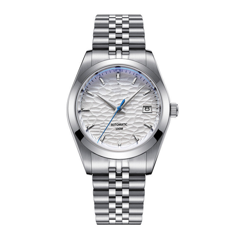 Silver wristwatch with a detailed face on a white background
