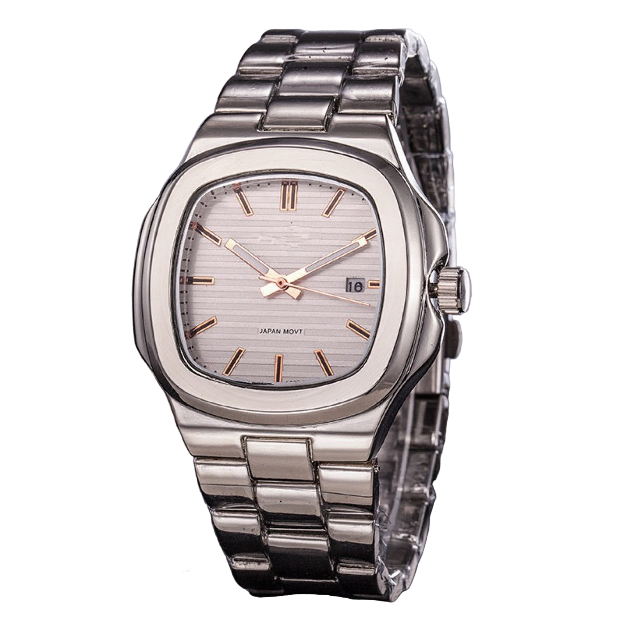 Silver watch with a detailed face on a dark surface