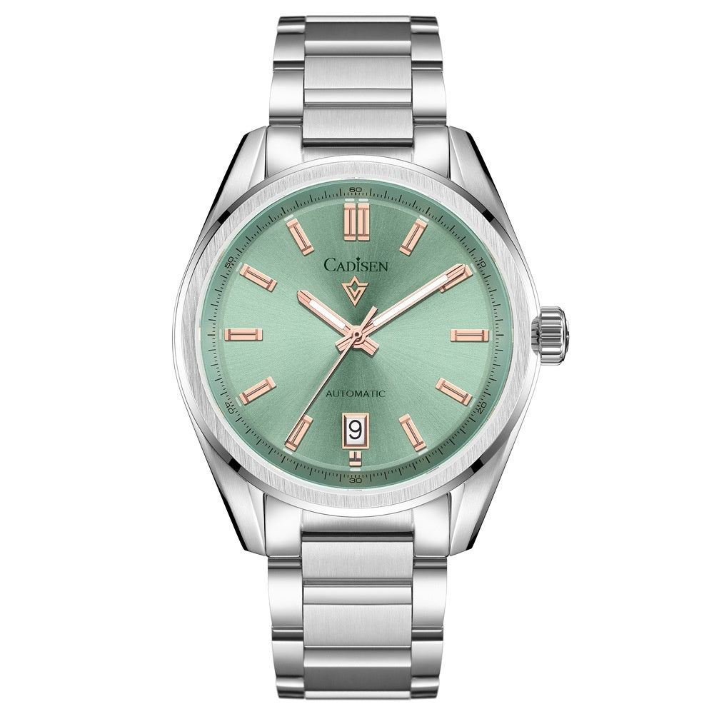 Silver watch with a green dial on a white background