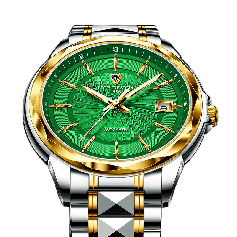 Luxury watch with green dial and gold accents on a dark background