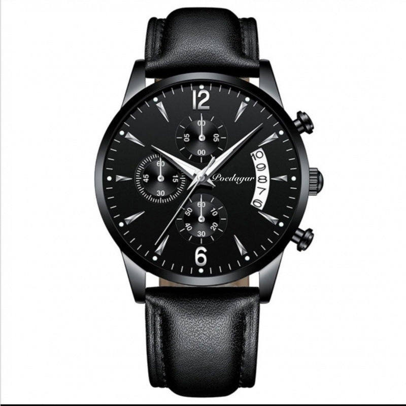 Black wristwatch with detailed face on a white background