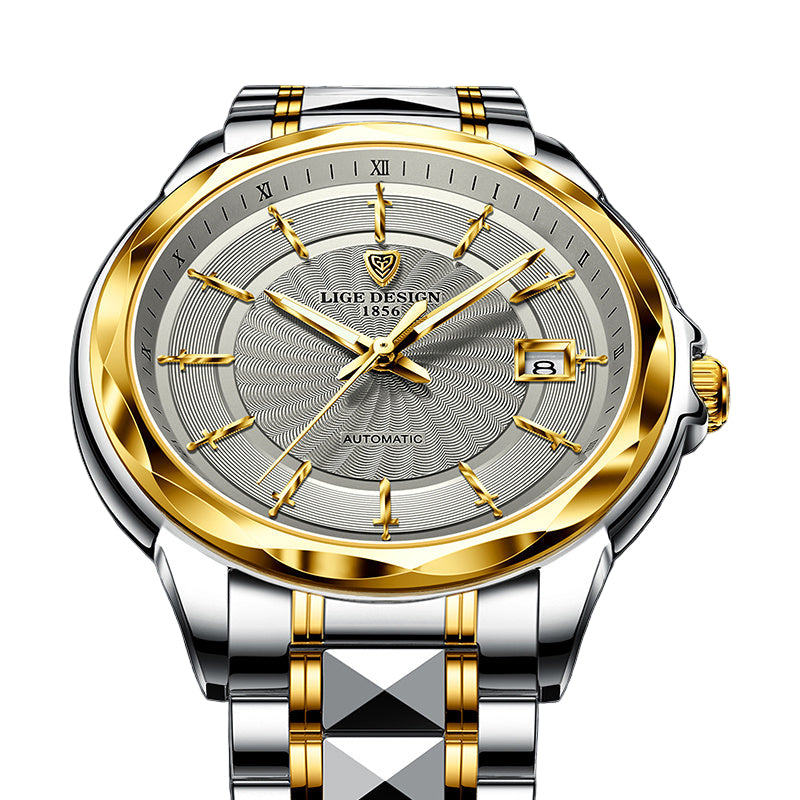 Luxury watch with gold and silver design on a dark background