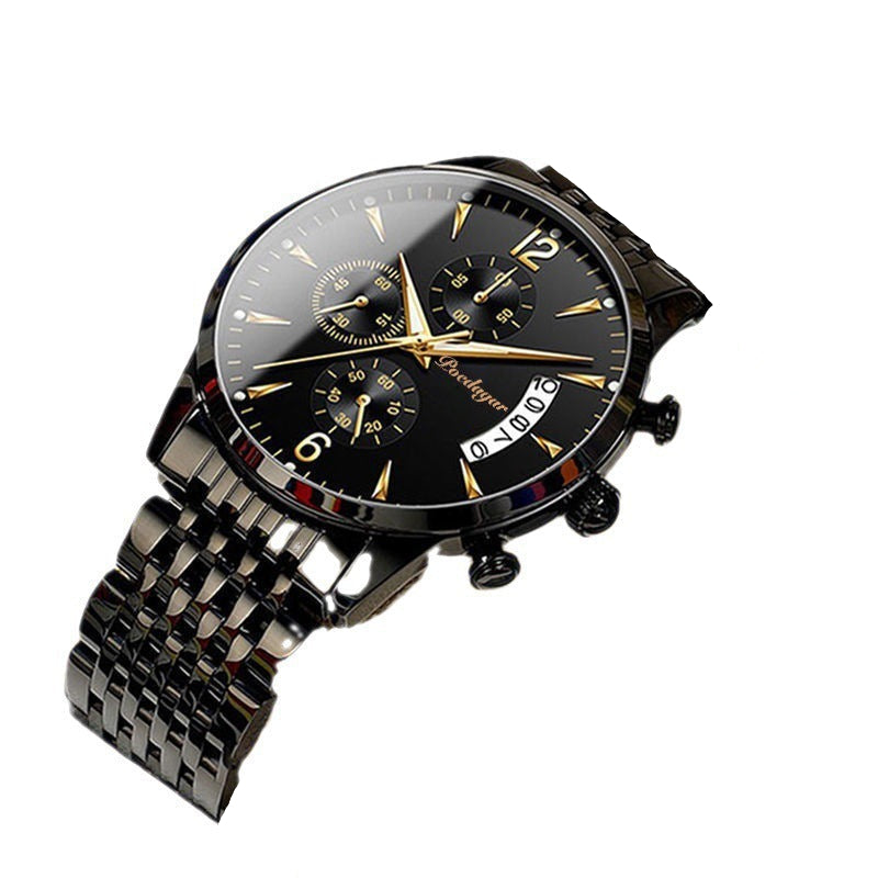 Black wristwatch with detailed face on a white background