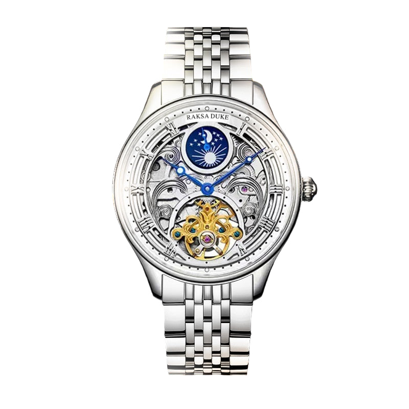 Silver wristwatch with intricate design on a dark background