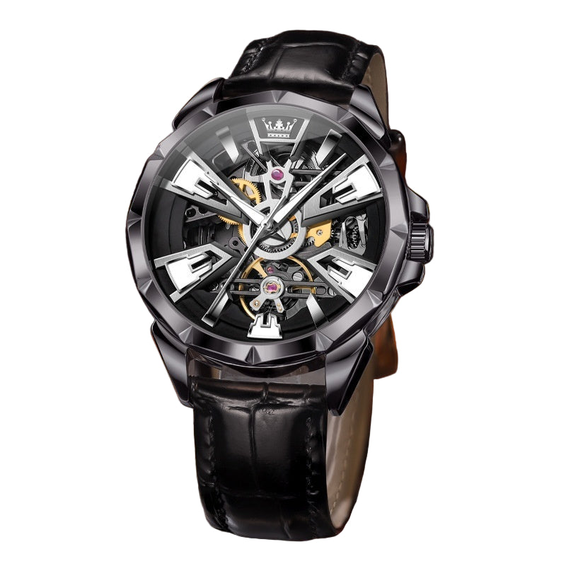 Black mechanical watch with a blurred background.