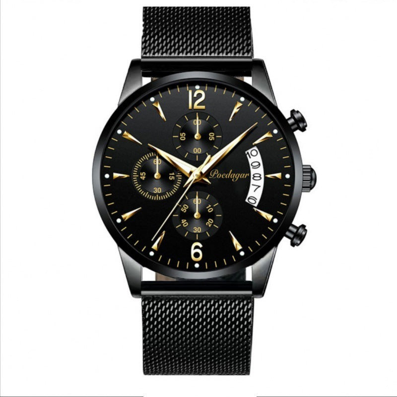 Black wristwatch with detailed face on a white background