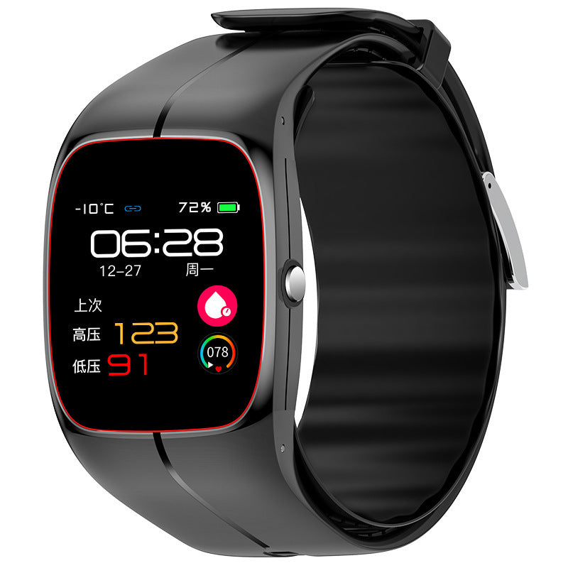 Black smartwatch with a digital display on a white background