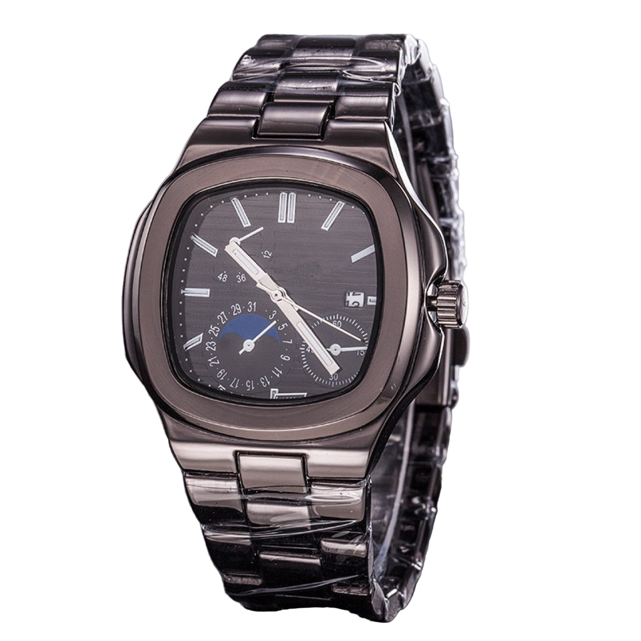 Silver wristwatch with a detailed face on a dark surface