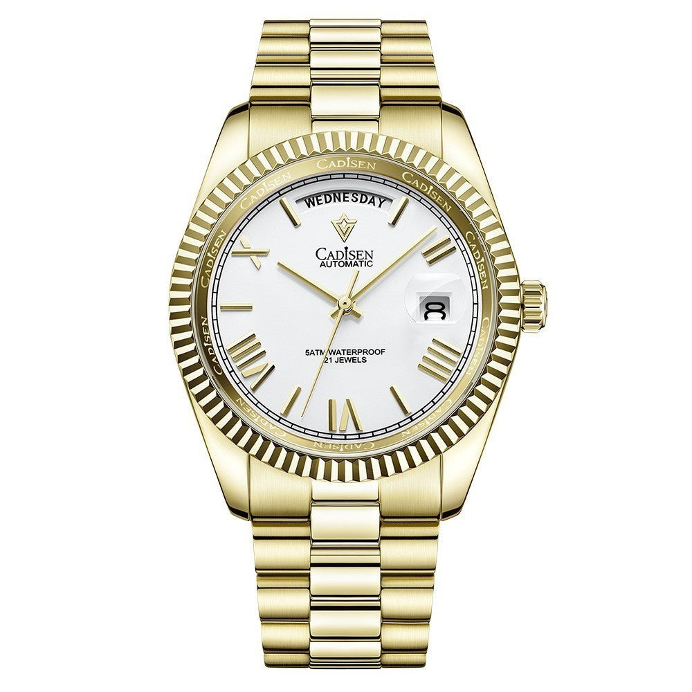 Gold wristwatch with a white dial on a white background