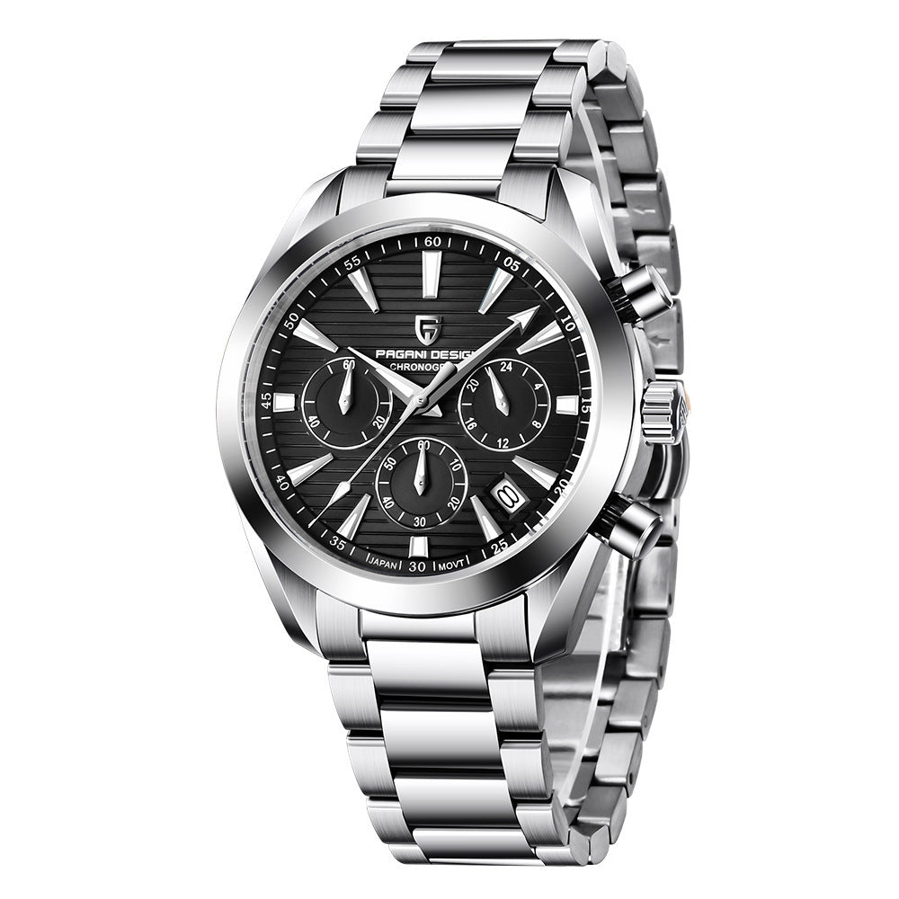 Silver wristwatch with black dial on a white background
