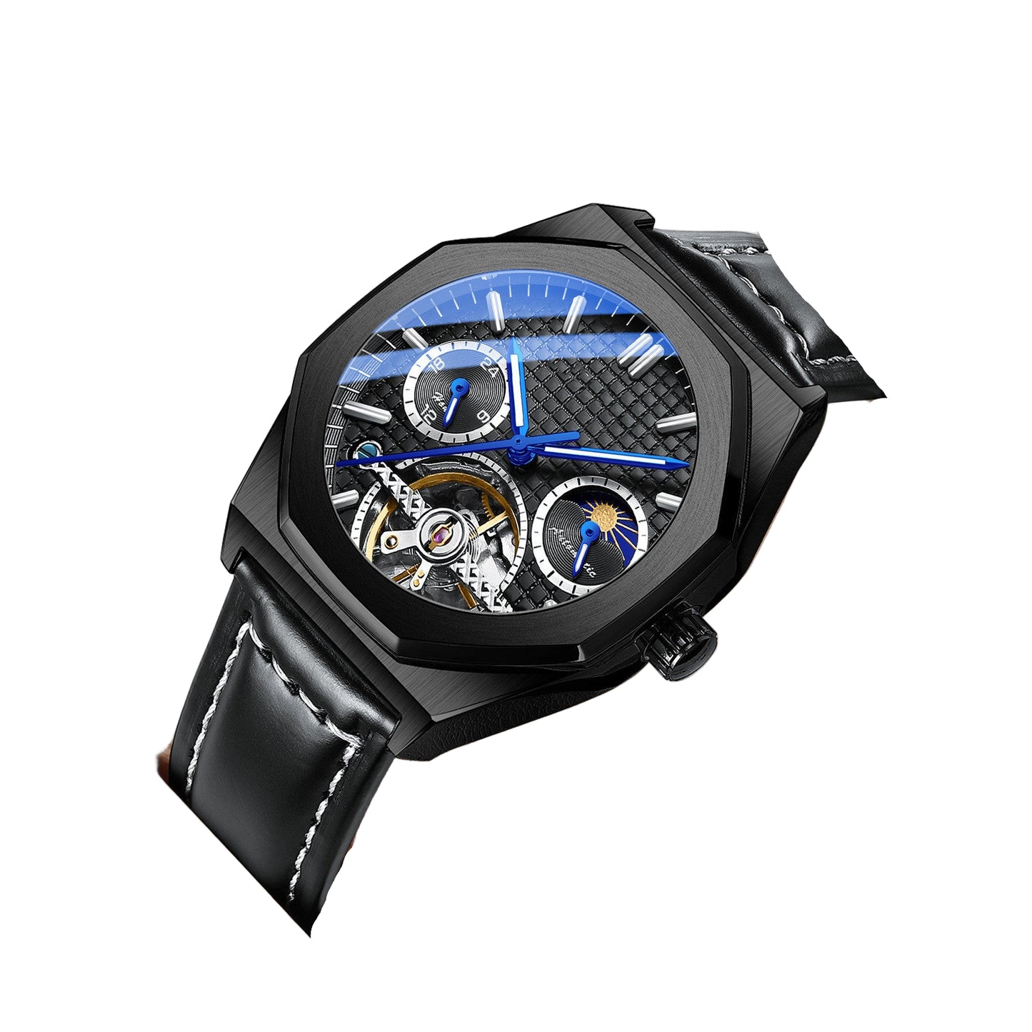 Black wristwatch with a detailed face on a white background