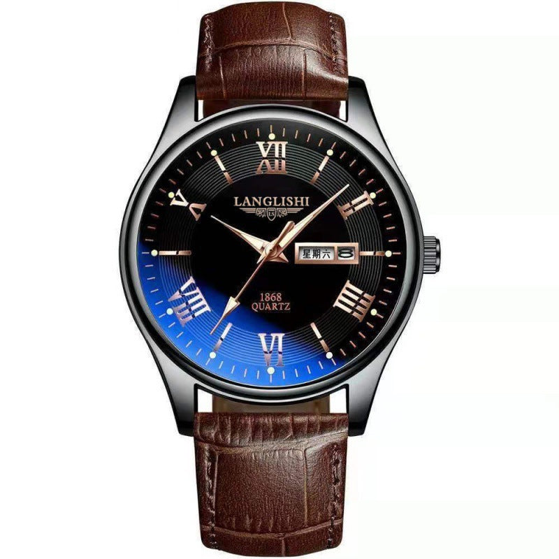 Watch with brown leather strap and blue dial on a white background