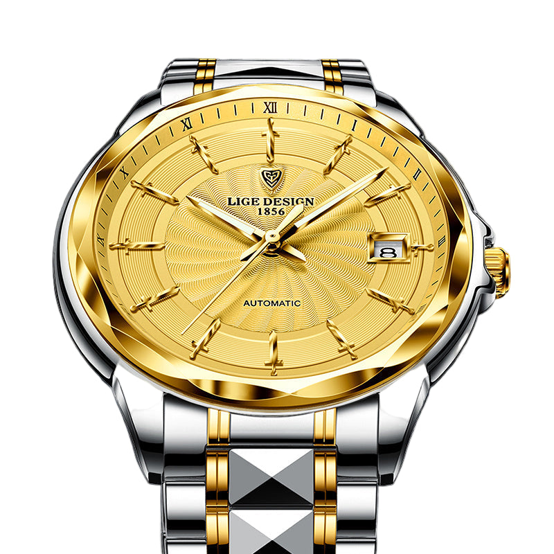 Luxury watch with gold face and silver case on a dark background