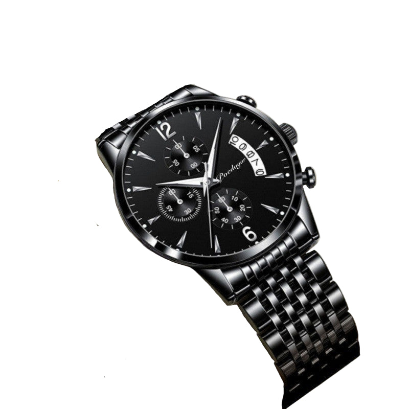 Black wristwatch with metal strap in a box on a beige background