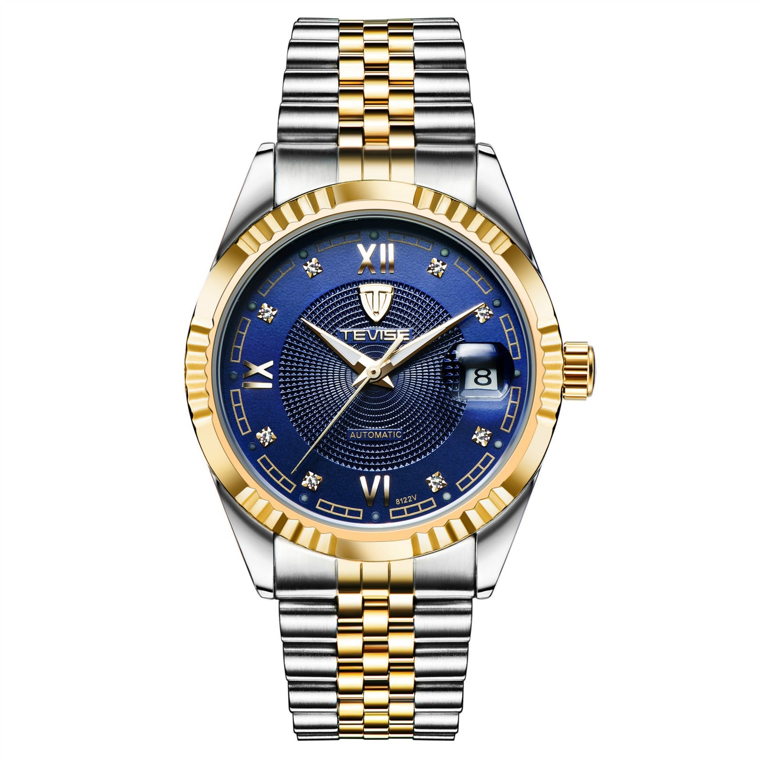 "Luxury two-tone wristwatch with a blue dial, gold bezel, silver and gold bracelet, Roman numeral and diamond hour markers, and a date window at the 3 o’clock position."