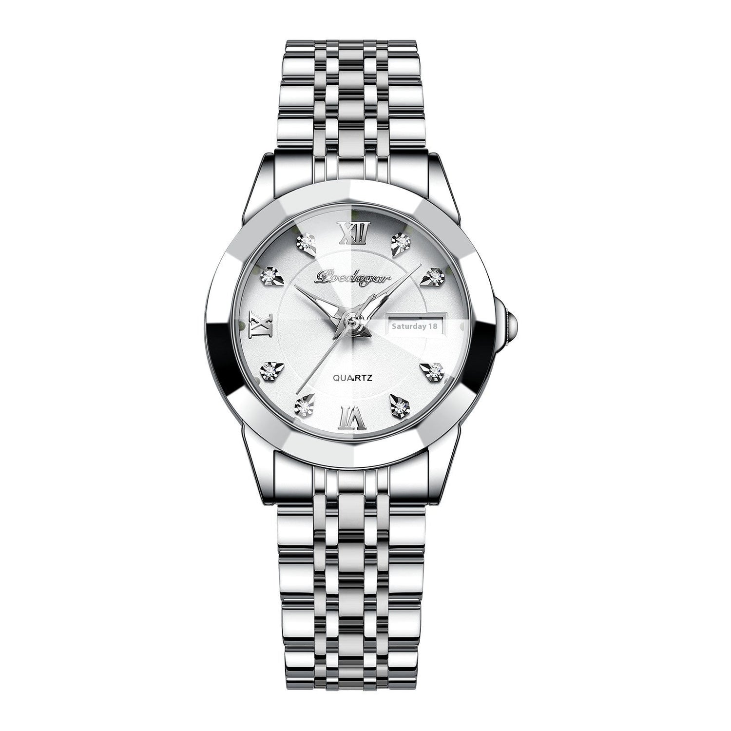 "Elegant silver wristwatch with a metallic bracelet, white dial, Roman numeral and crystal hour markers, and a date and day display at the 3 o’clock position."