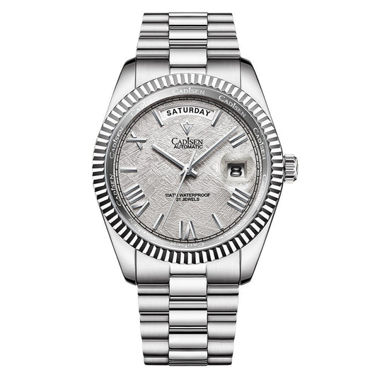 Silver watch with detailed face on a white background