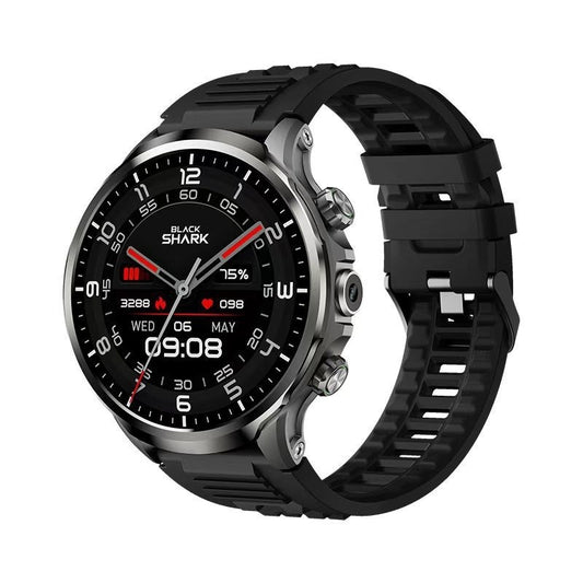 Black smartwatch with a black strap on a white background