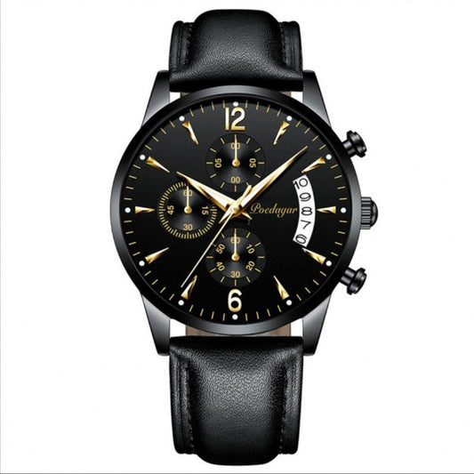 Black wristwatch with gold accents on a white background