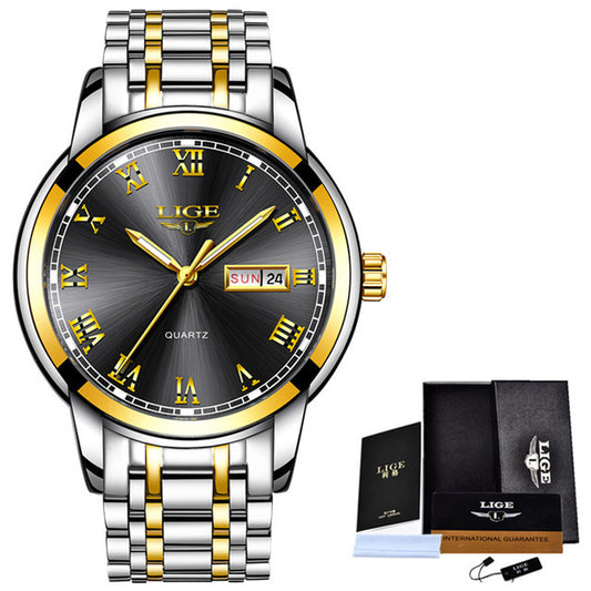 Luxury watch with silver and gold band, black dial, and LIGE branding.