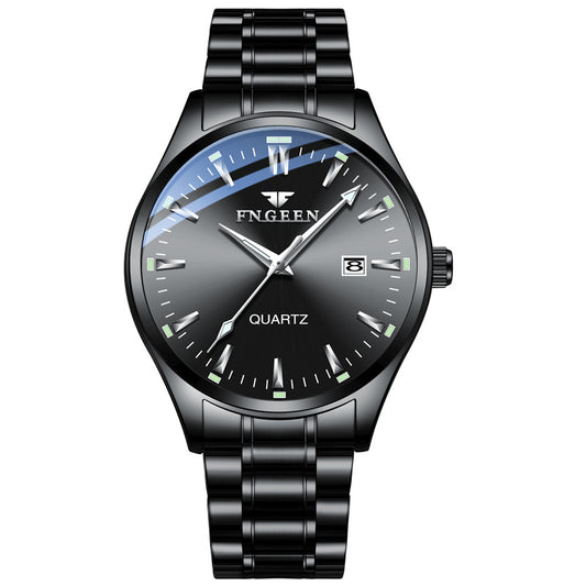 Black wristwatch with a blue accent on a white background