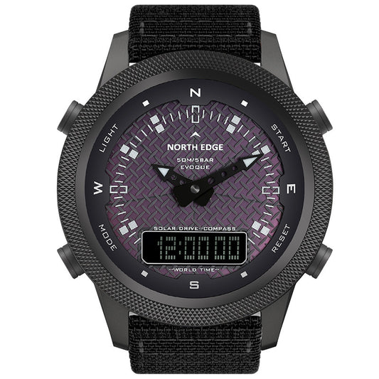 Black wristwatch with purple face and digital display on a white background