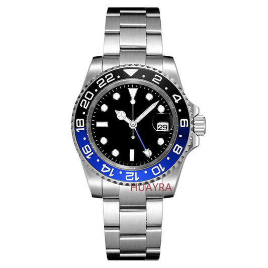 Silver watch with black and blue face on a white background, featuring the brand 'HUAYRA'.
