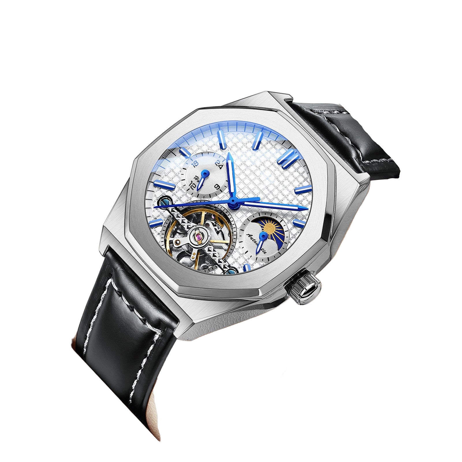 Luxury watch with black leather strap and visible mechanical components on a white background