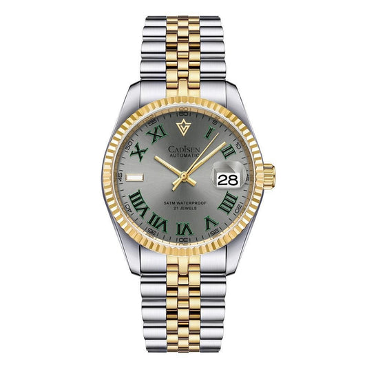 Two-tone silver and gold watch with a green dial on a white background