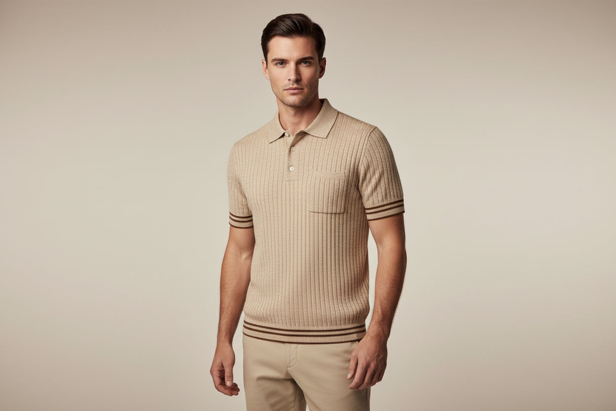 “Men’s Knitted Polo Shirt – Short Sleeve Textured Brown”