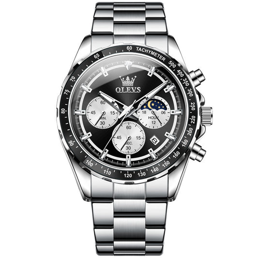 Silver wristwatch with a detailed face on a white background