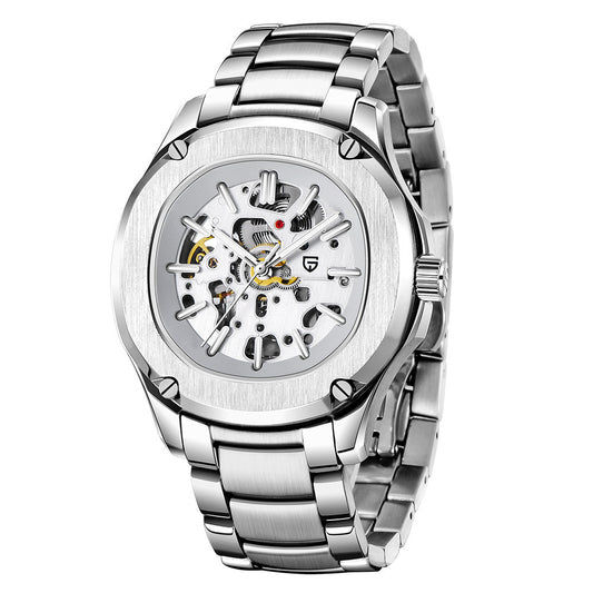 Silver wristwatch with a mechanical design on a white background