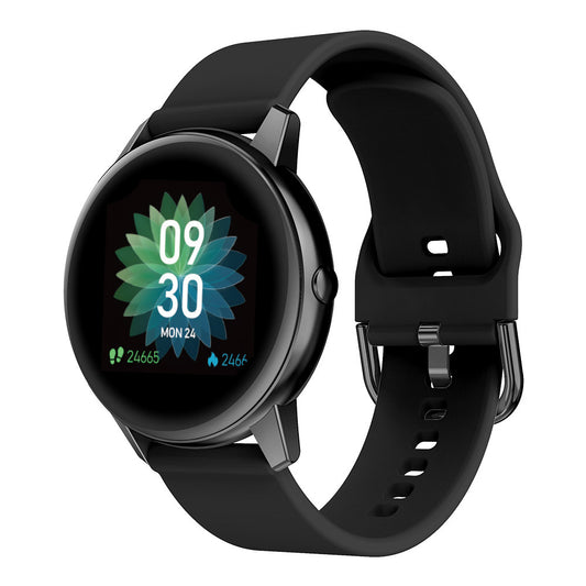 Black smartwatch with a digital display on a white background